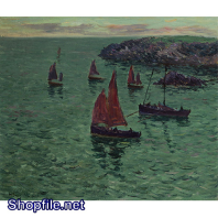 Tranh sơn dầu nước ngoài con thuyền buồm đỏ